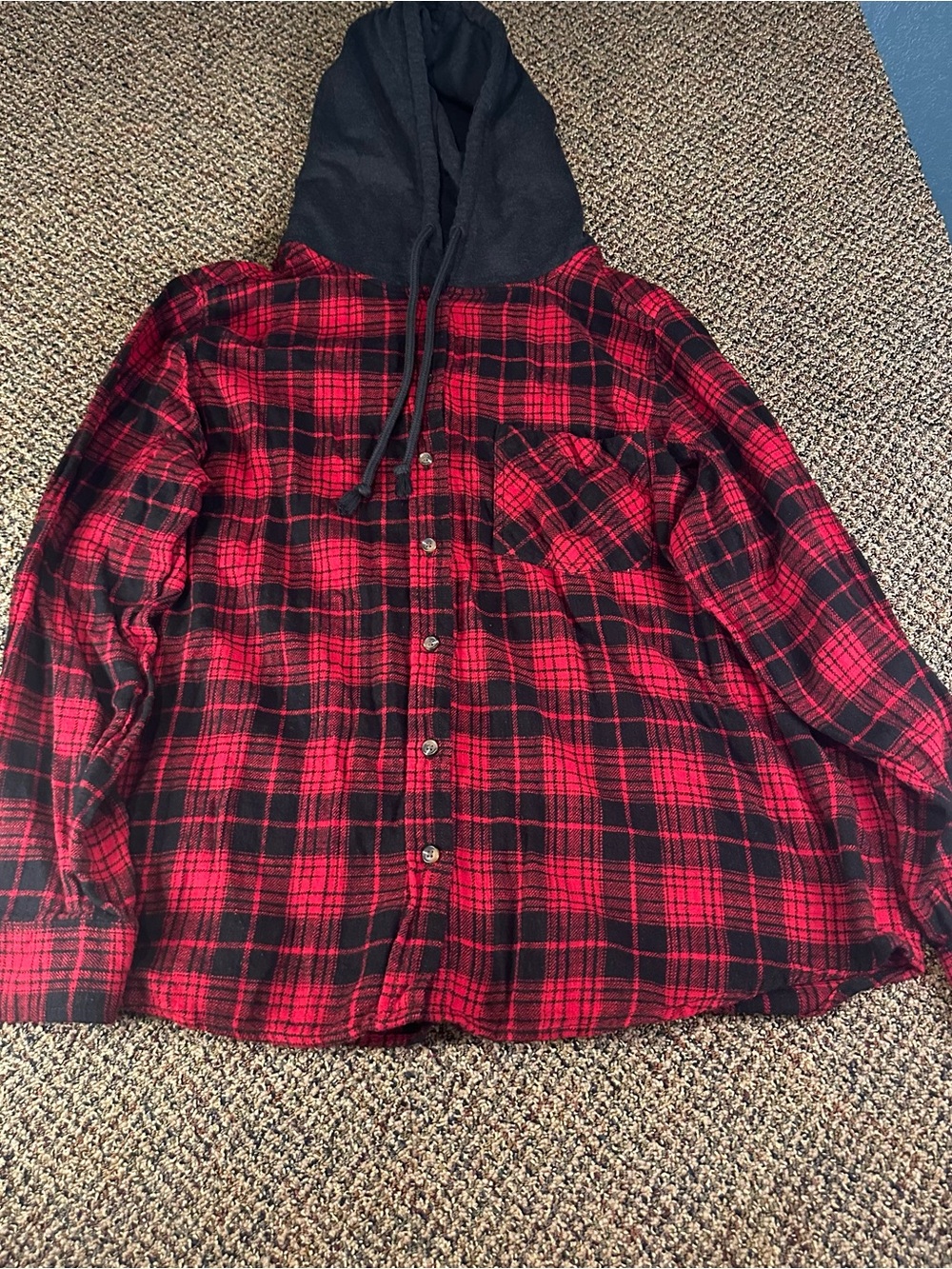 Time and Tru Red and Black Plaid Hooded Button-Down Shirt